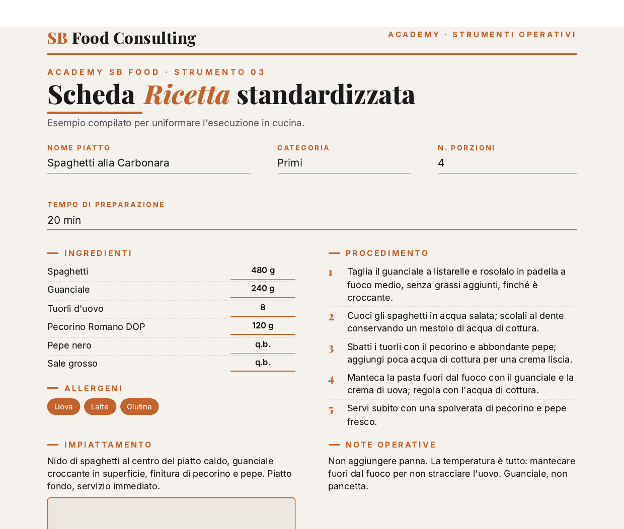 Anteprima della Scheda Ricetta compilata